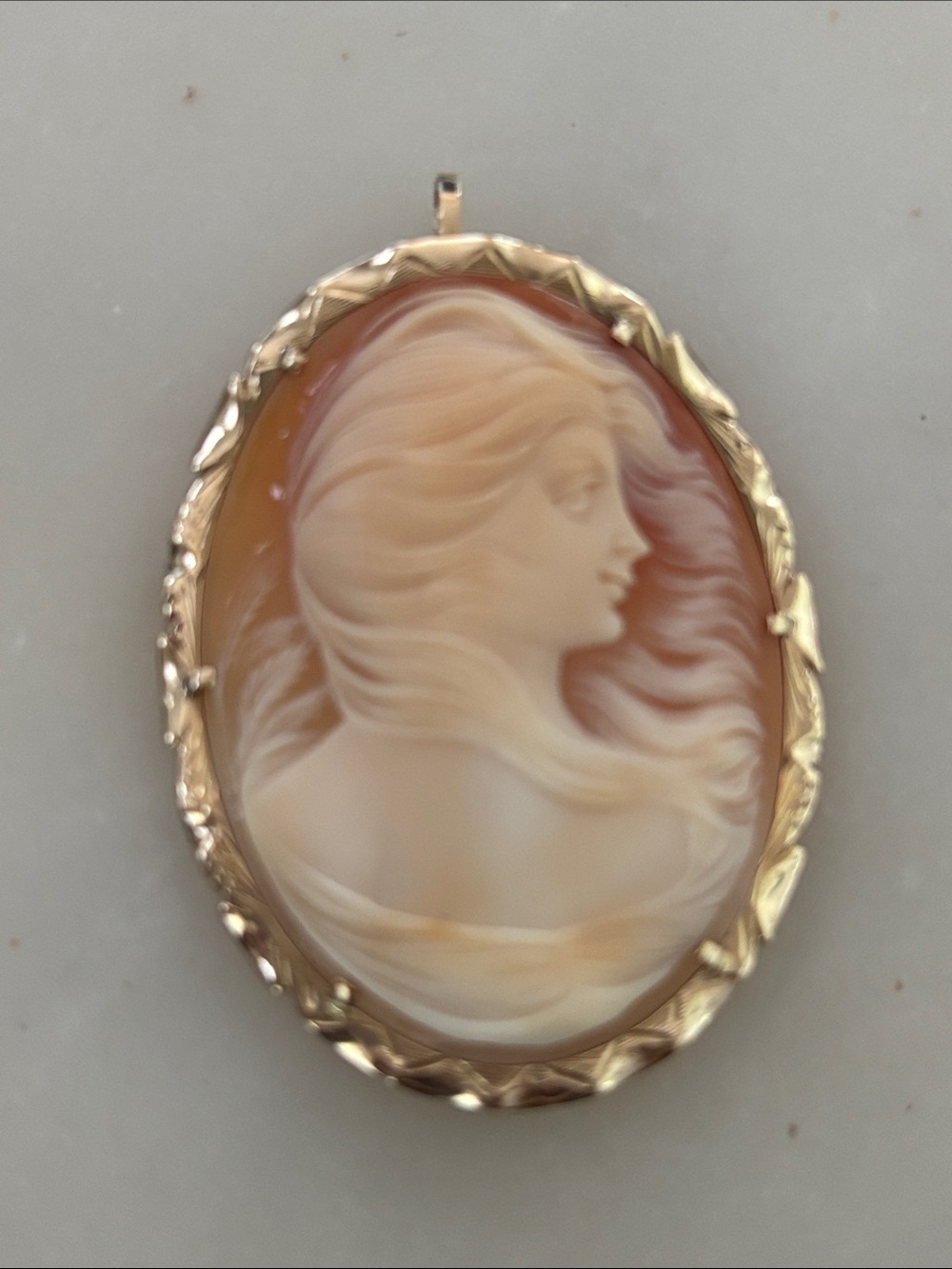 Carved Shell Cameo Pendant in Cream and Orange